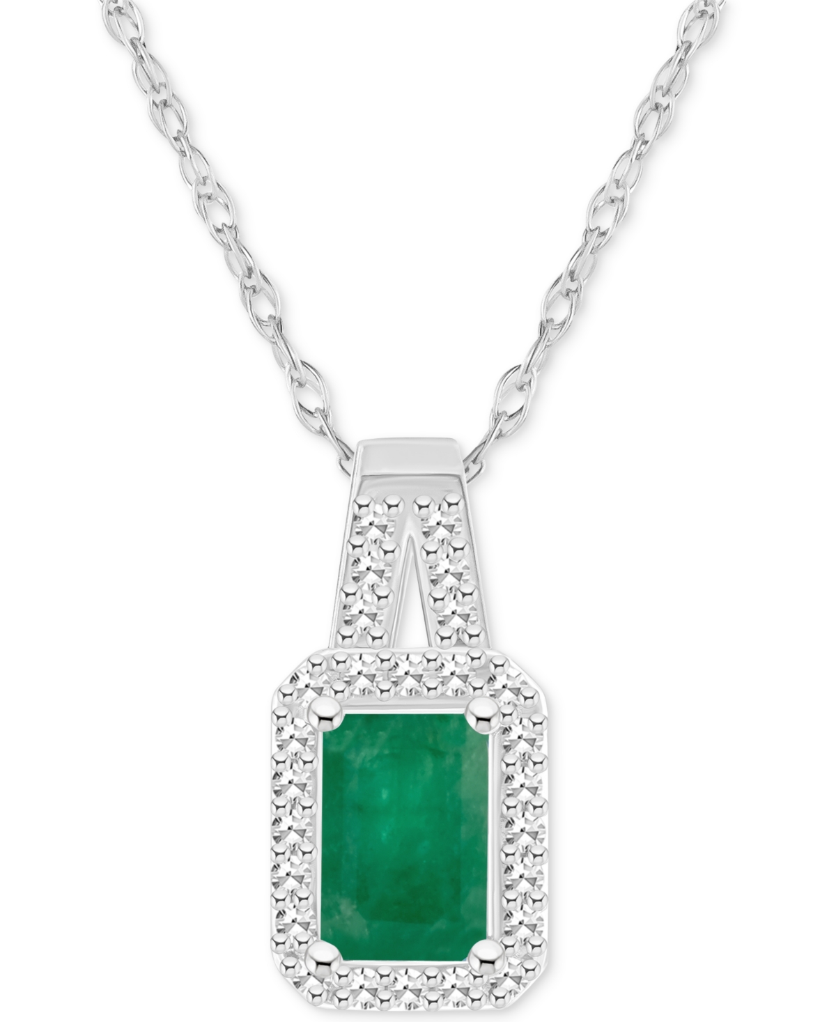 Macy's Emerald (1/2 Ct. T.w.) & Diamond (1/8 Ct. T.w.) Halo 18" Pendant Necklace In Sterling Silver (also I