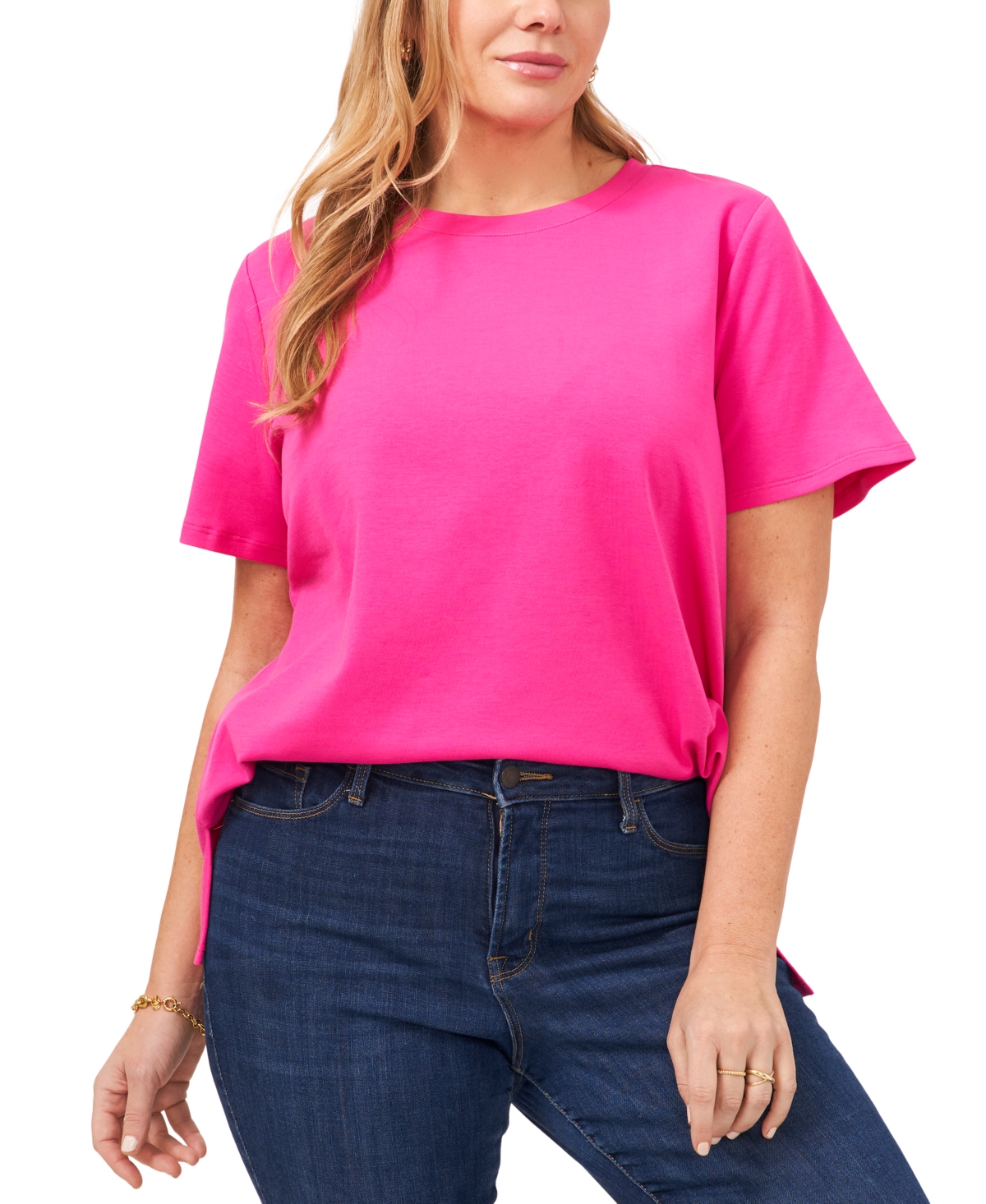 Vince Camuto Plus Size Crewneck Polished Short-sleeve Knit Top In Hot Pink