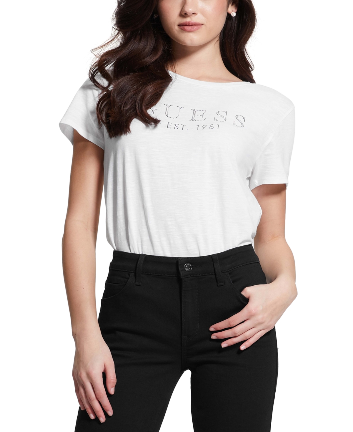 Shop Guess Women's 1981 Crystal Logo Cotton T-shirt In Pure White