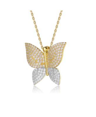14k Yellow Gold and White Gold Plating with Cubic Zirconia Butterfly Pendant Necklace in Sterling Silver