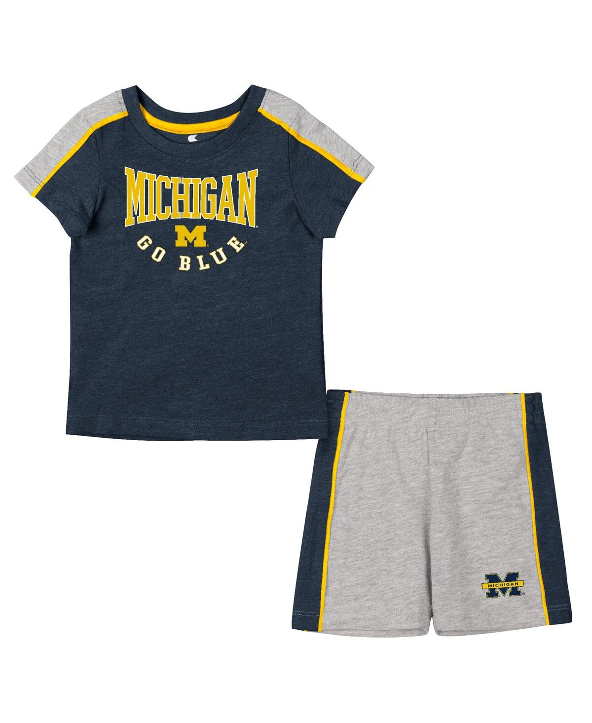 Shop Colosseum Infant Boys And Girls  Navy, Heather Gray Michigan Wolverines Norman T-shirt And Shorts Set In Navy,heather Gray