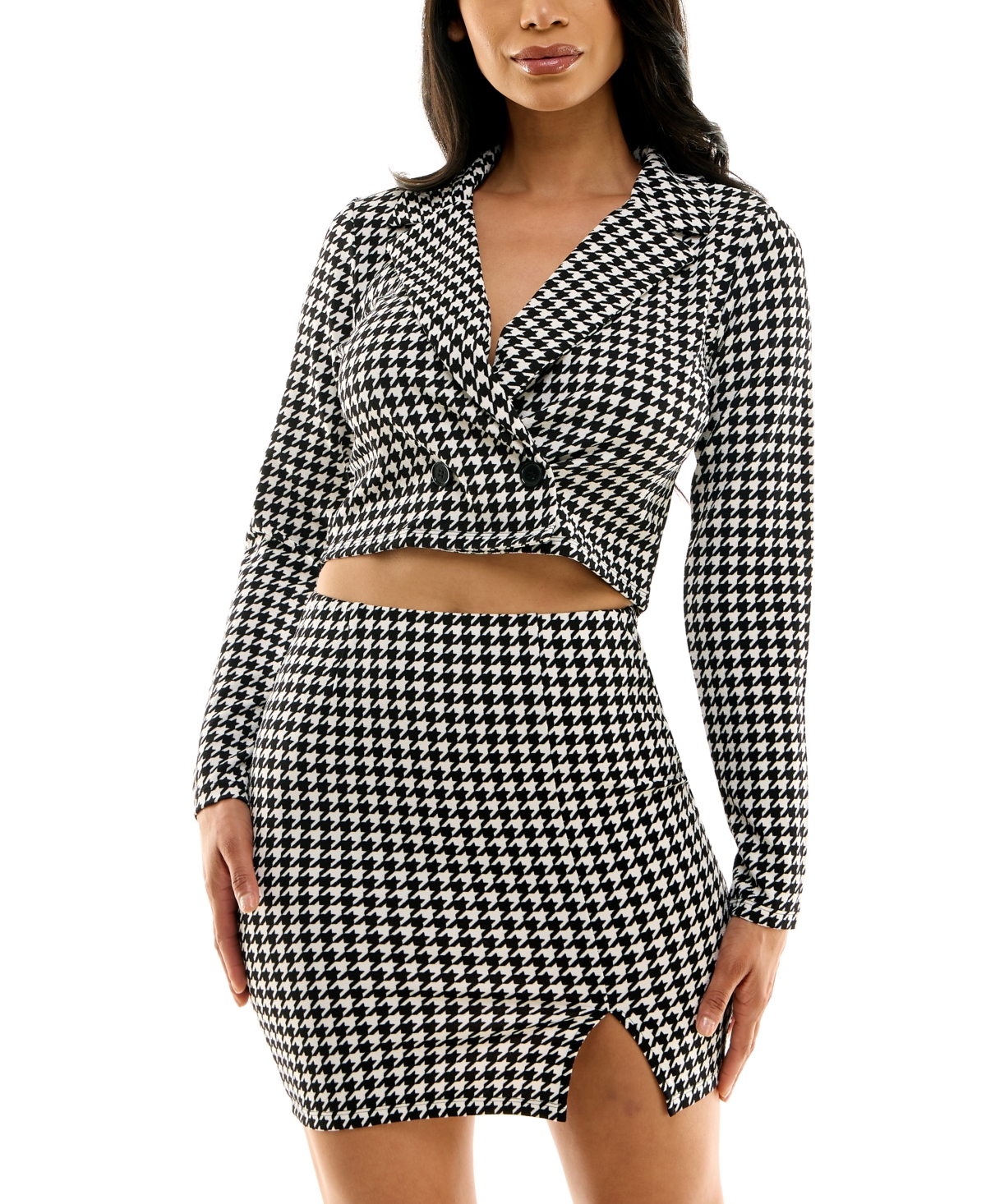 Almost Famous Juniors' 2-pc. Cropped Jacket & Skirt Set In Black/ivory