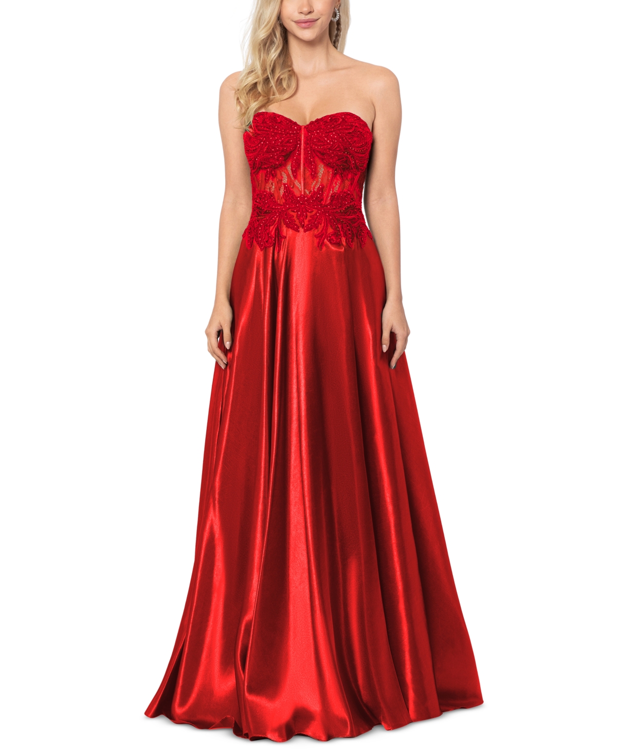 Blondie Nites Juniors' Illusion Applique Charmeuse Gown, Created For Macy's In Red