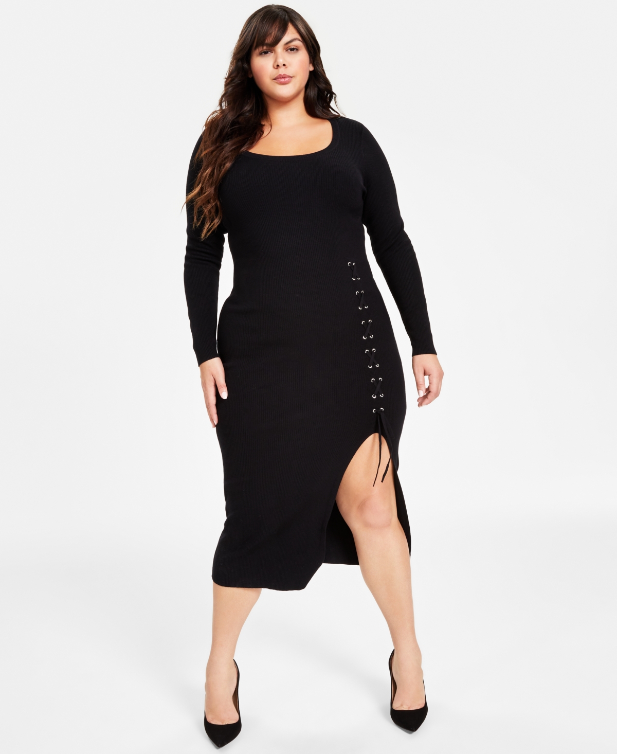Bar Iii Plus Size Rib-Knit Lace-Up Sweater Dress, Created for