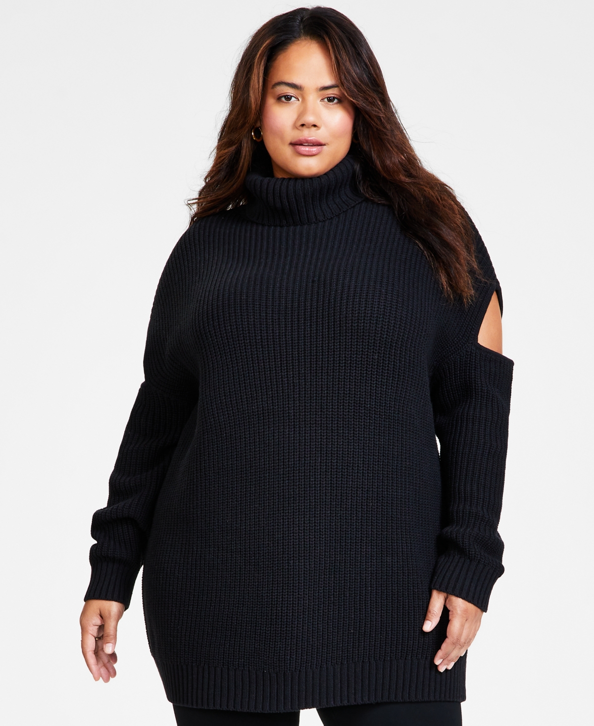 Bar Iii Plus Size Cutout Turtleneck Sweater, Created For Macy's In Deep Black
