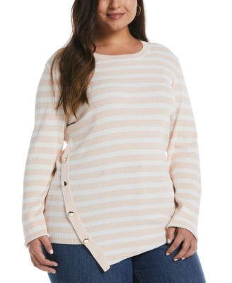 Plus Size Snap Trim Stripe Asymmetrical Sweater