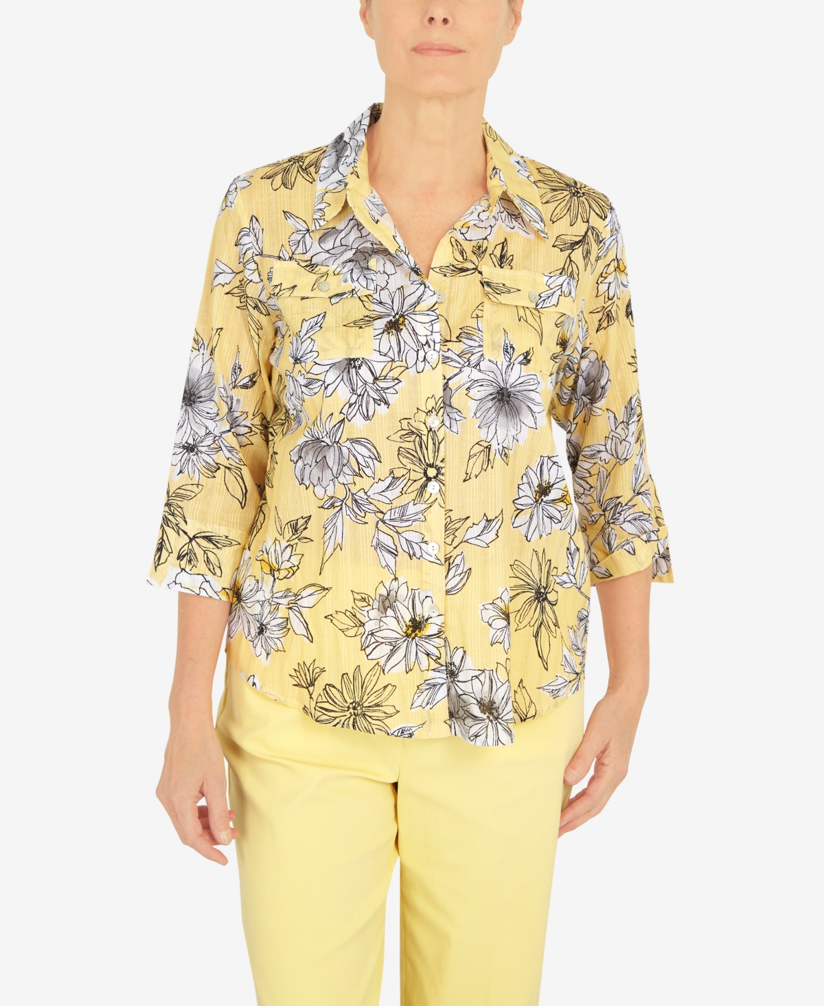 Alfred Dunner Women's Summer In The City Etched Floral Button Down Top In Yellow