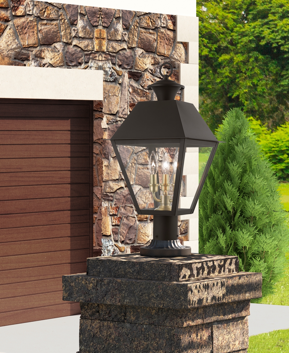 Livex Wentworth 3 Light Outdoor Post Top Lantern - Bronze with Antique Brass
