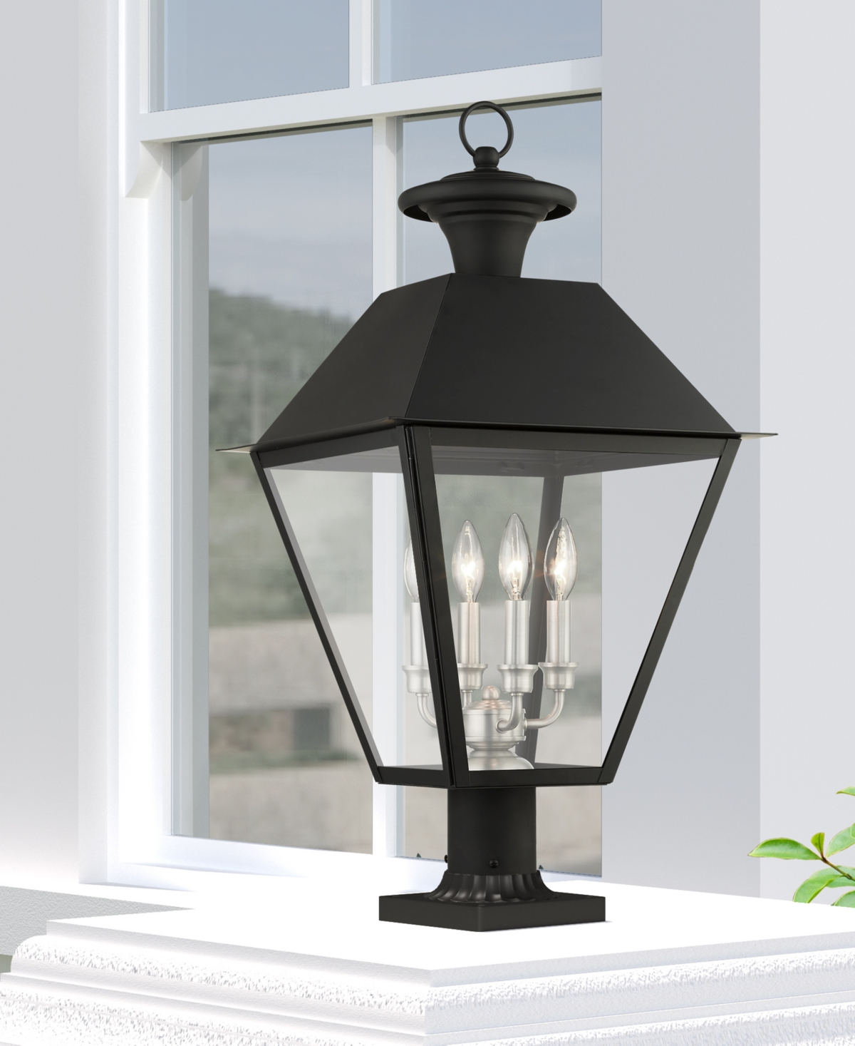 Livex Wentworth 4 Light Outdoor Post Top Lantern - Black with Brushed Nickel