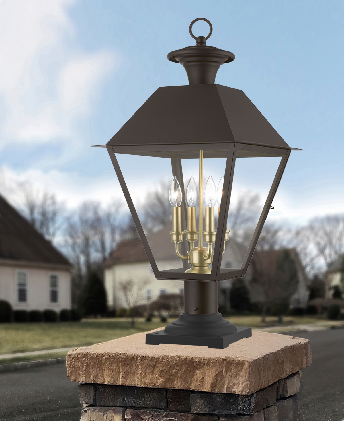 Livex Wentworth 4 Light Outdoor Post Top Lantern - Bronze with Antique Brass