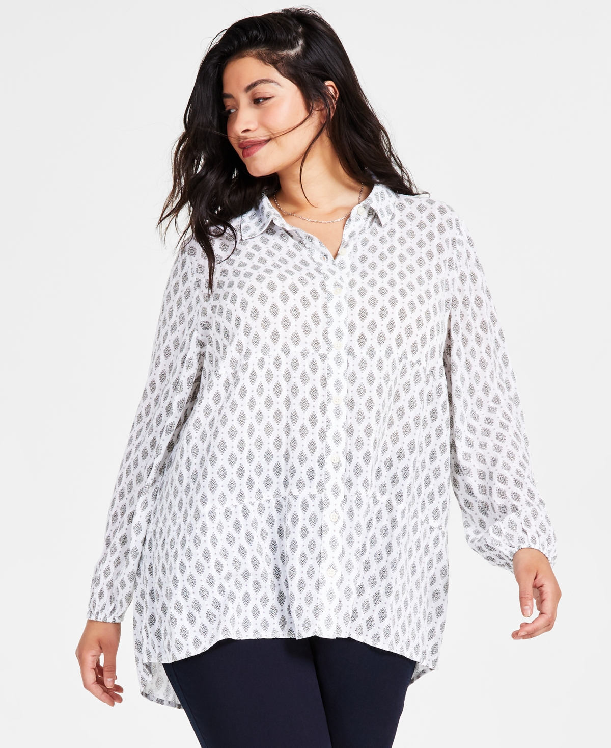 Style & Co Plus Size Printed Tiered Long-sleeve Blouse, Created For Macy's In Tribal White