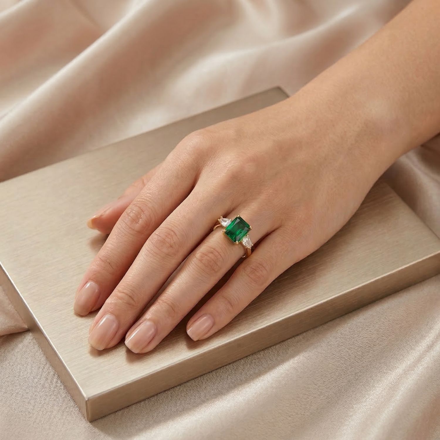Chic Sterling Silver 14K Gold Plated Three CZ Statement Ring