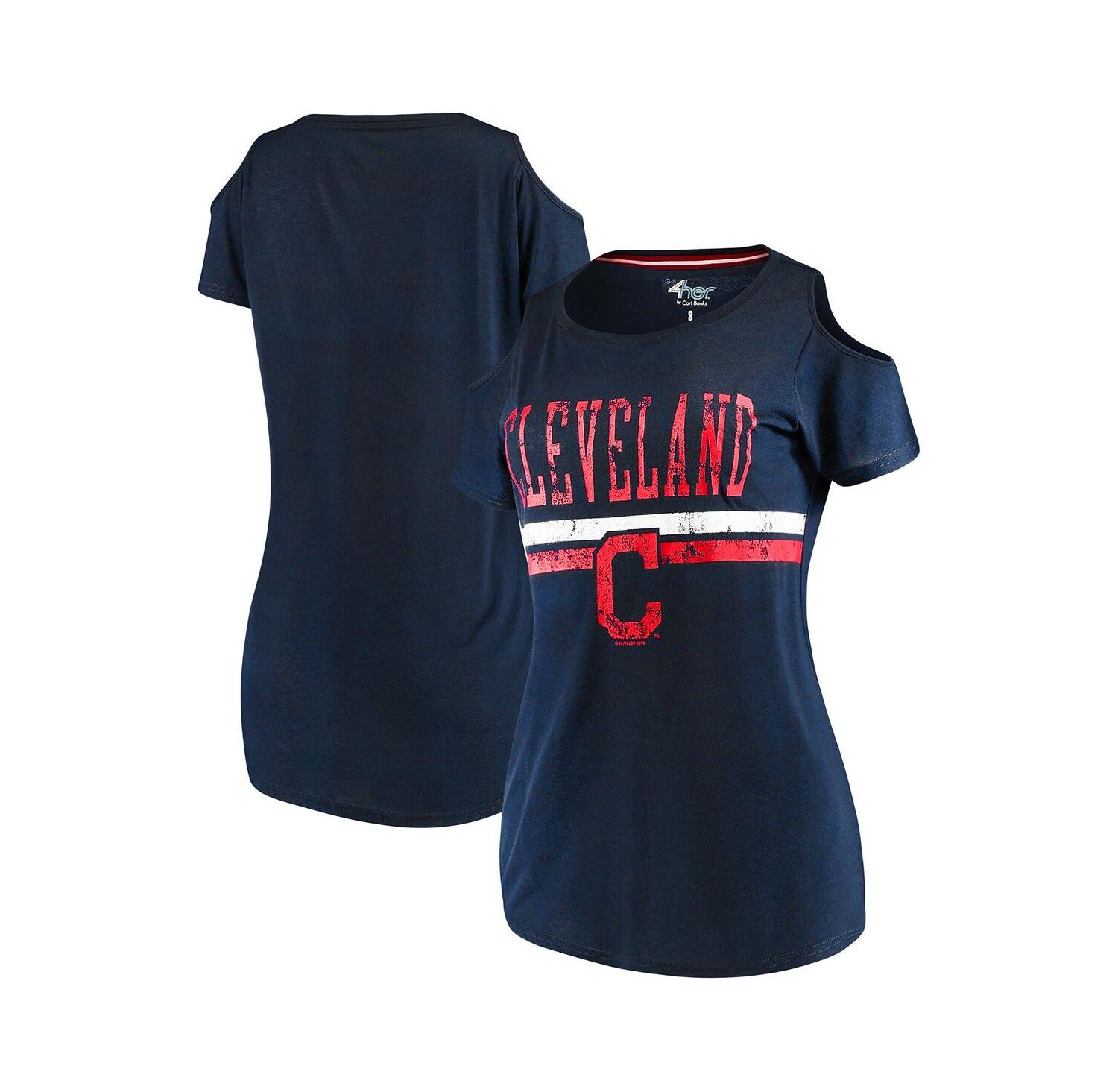 Women's Navy Cleveland Indians Clear The Bases Cold Shoulder Scoop neck T-shirt