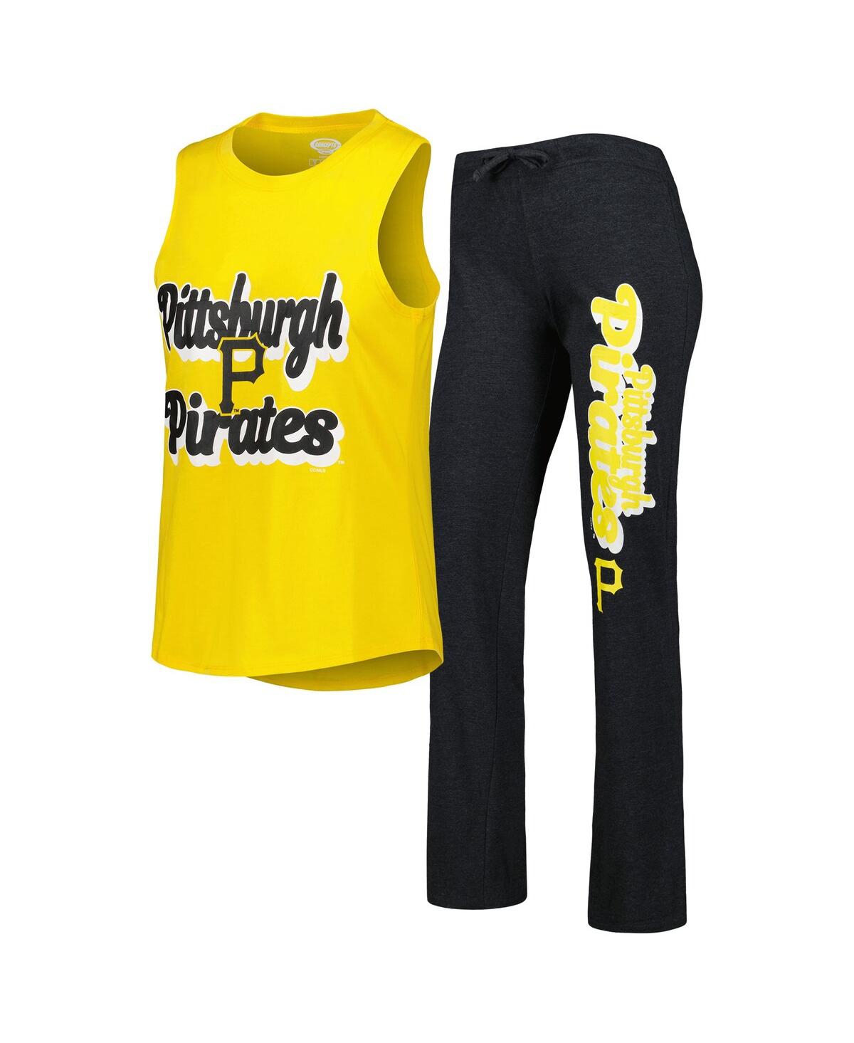 Shop Concepts Sport Women's  Heather Black And Gold Pittsburgh Pirates Wordmark Meter Muscle Tank Top And  In Heather Black,gold