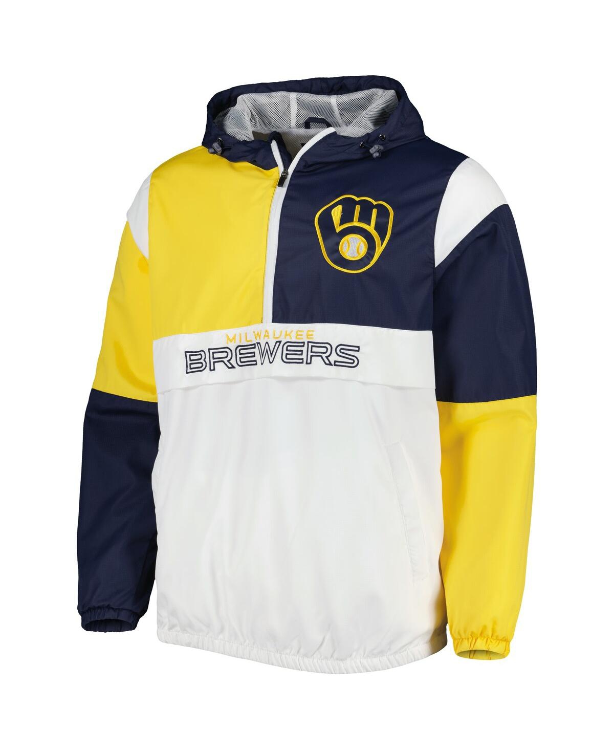 Shop G-iii Sports By Carl Banks Men's  Navy And Gold Milwaukee Brewers Fair Catch Half-zip Hoodie In Navy,gold