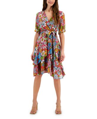 Tahari ASL Women s Shadow Stripe Floral Print Faux Wrap Dress Macy s