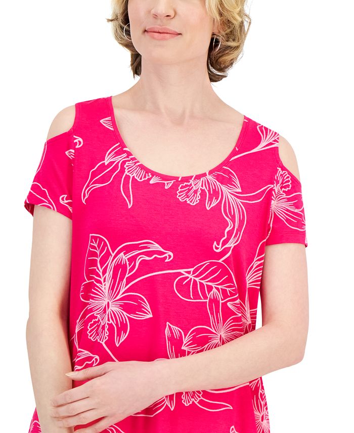JM Collection Women's Cold Shoulder Mixed Media Floral Top Red Size Small