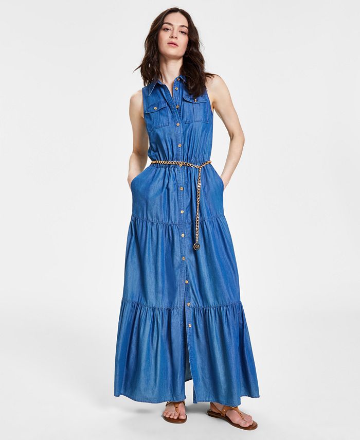 Michael Kors Petite Chambray Tiered Ankle Dress - Macy's