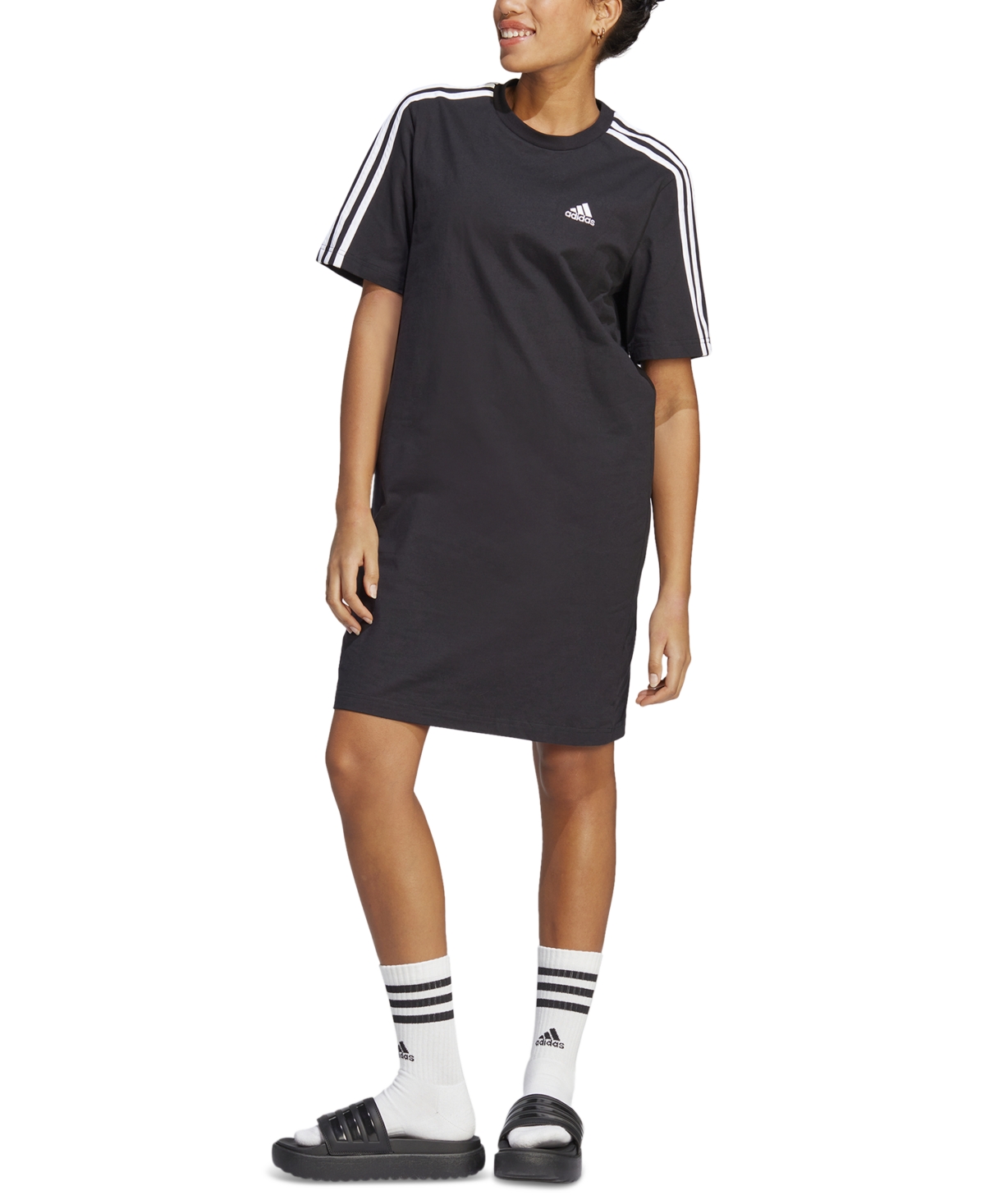 Adidas Originals Women's Active Essentials 3-stripes Single Jersey Boyfriend Tee Dress In Black