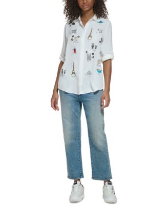 KARL LAGERFELD PARIS Women's Signature Woven Blouse - Macy's