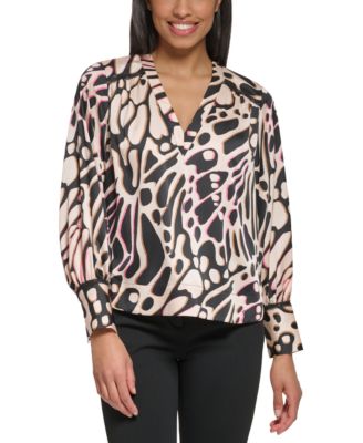 Donna Karan - Women's Butterfly-Print Lace-Trim Blouse