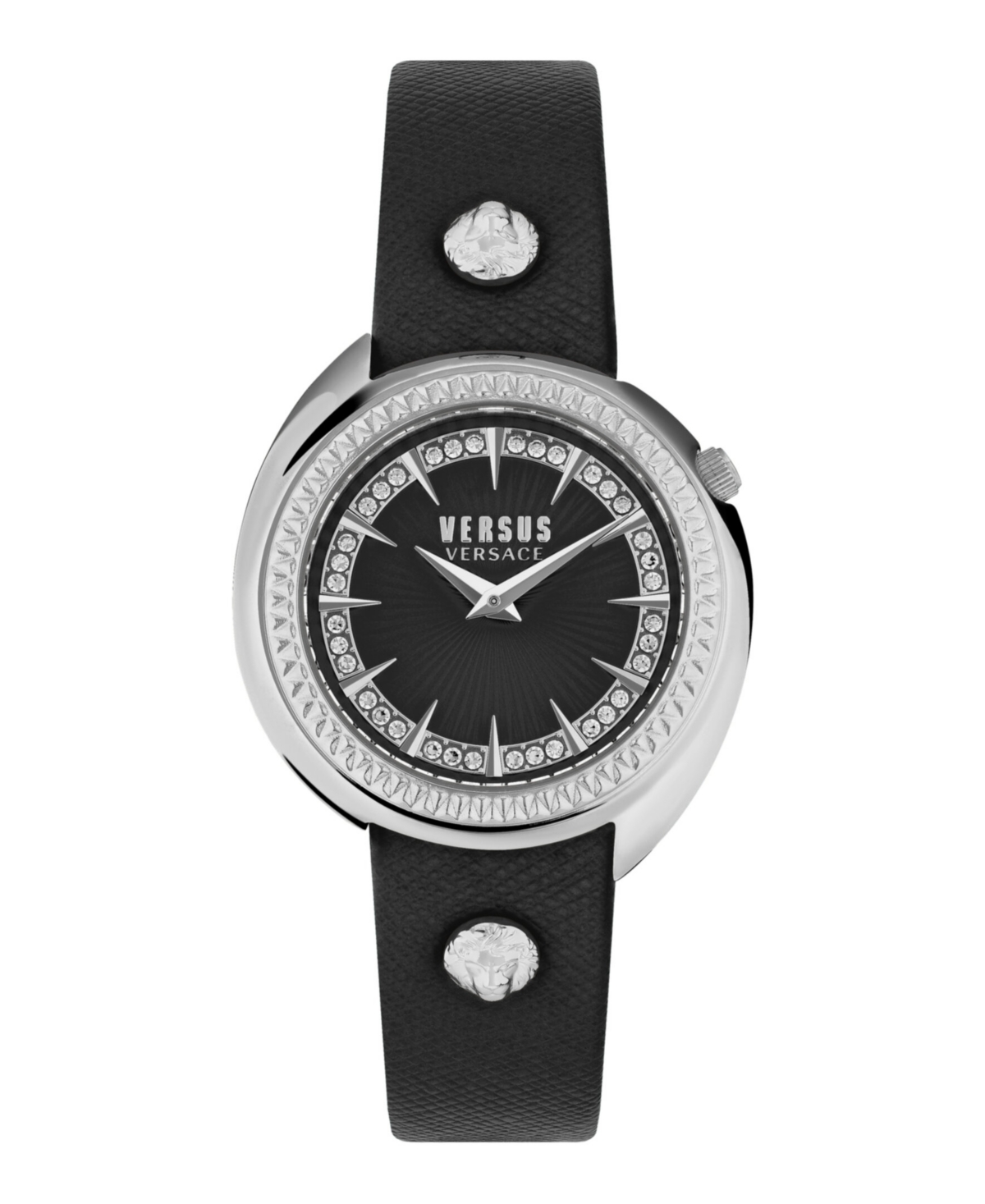 Shop Versus Women's Tortona Crystal 2 Hand Quartz Black Genuine Leather Watch, 38mm In Stainless Steel