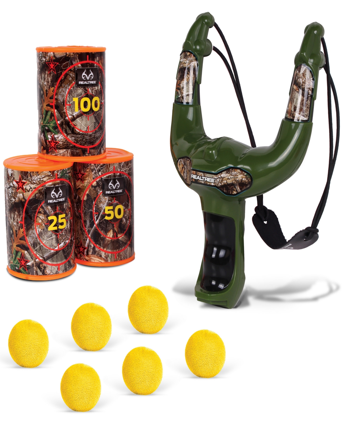 Realtree Kids' Nkok Handheld Slingshot Set Green 25037 Includes 6 Foam Balls 3 Can Targets, Toy Slingshot Shoots Up In Multi