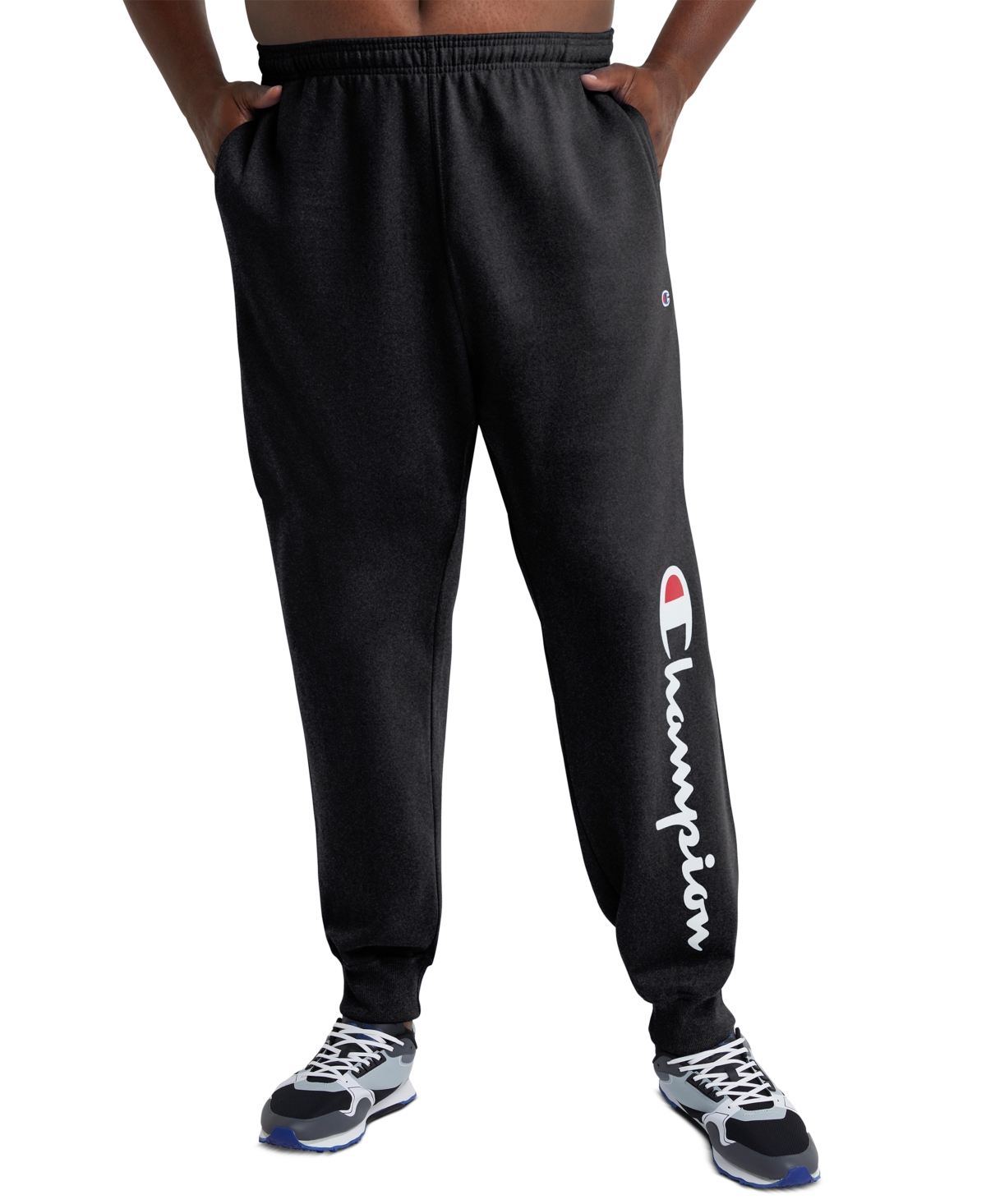 Champion Men's Big & Tall Powerblend Standard-fit Logo-print Fleece Joggers In Black