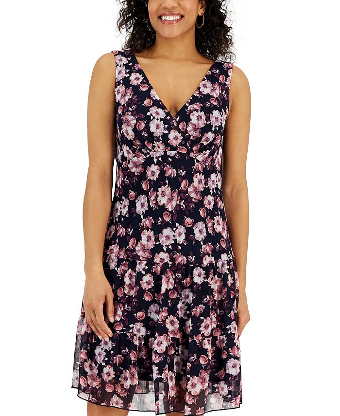 Tiered Printed V-Neck Sleeveless Dress