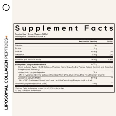 Liposomal Collagen Peptides Powder + Vitamin C & Quercetin Phytosome, Phospholipid Complex, Grass-Fed Pasture-Raised Hydrolyzed Collagen Type I & III Supplement All-in-One, Non-GMO, 14.97 oz