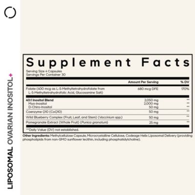 Liposomal Ovarian Inositol+ Supplement - Myo-Inositol & D-Chiro-Inositol 40:1 Blend, Folate 5-MTHF, Pomegranate & Wild Blueberry, 120 Capsules