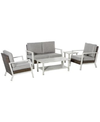 5-Piece Outdoor PE Rattan Wicker Patio Furniture Set, Cushions, 1 Loveseat, 2 Armchairs, 1 Faux Wood Slat Two-Tier Center Coffee Table, 1 Two-Tier Side Table, Grey