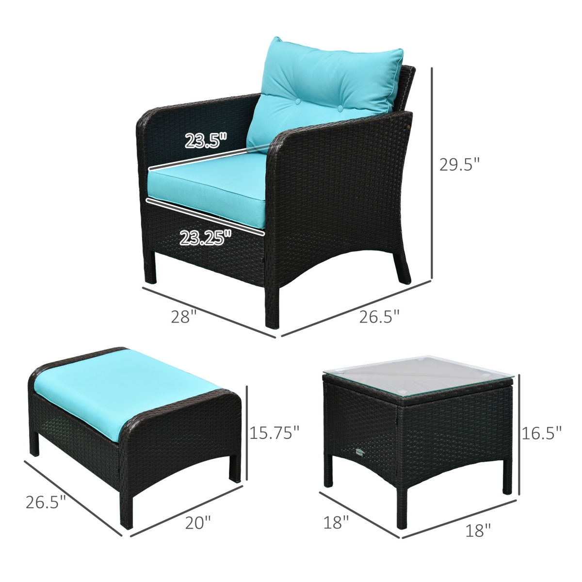 Outsunny 5 Pieces Rattan Wicker Lounge Chair Outdoor Patio Conversation Set with 2 Cushioned Chairs, 2 Ottomans & Tempered Glass Top Coffee Table, Blu