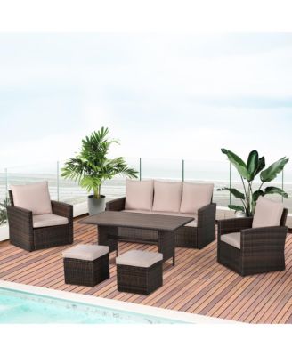 6 PCS Patio Dining Set All Weather Rattan Wicker Furniture Set with Wood Grain Top Table and Soft Cushions, Beige