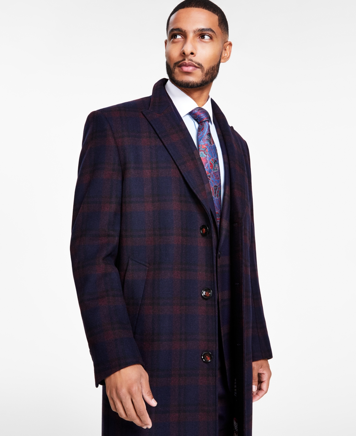 Tayion Collection Men's Classic-Fit Wool Blend Overcoats -burgundy