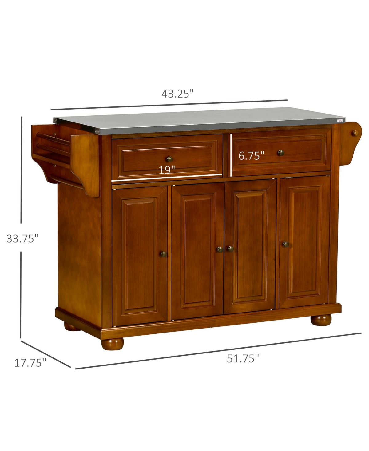 Homcom Triple-Cabinet Double-Drawer Kitchen Island with Storage, Butcher Block Island with Stainless Steel Top, Spice and Towel Rack,Wood Finis
