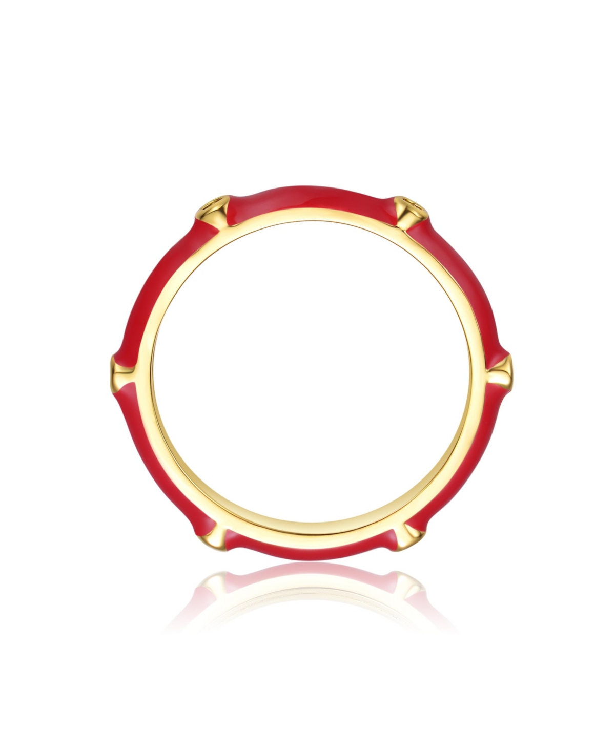 Rachel Glauber Ra 14k Yellow Gold Plated with Cubic ZirconiaEnamel Bamboo Kids/Young Adult Stacking Ring - Red
