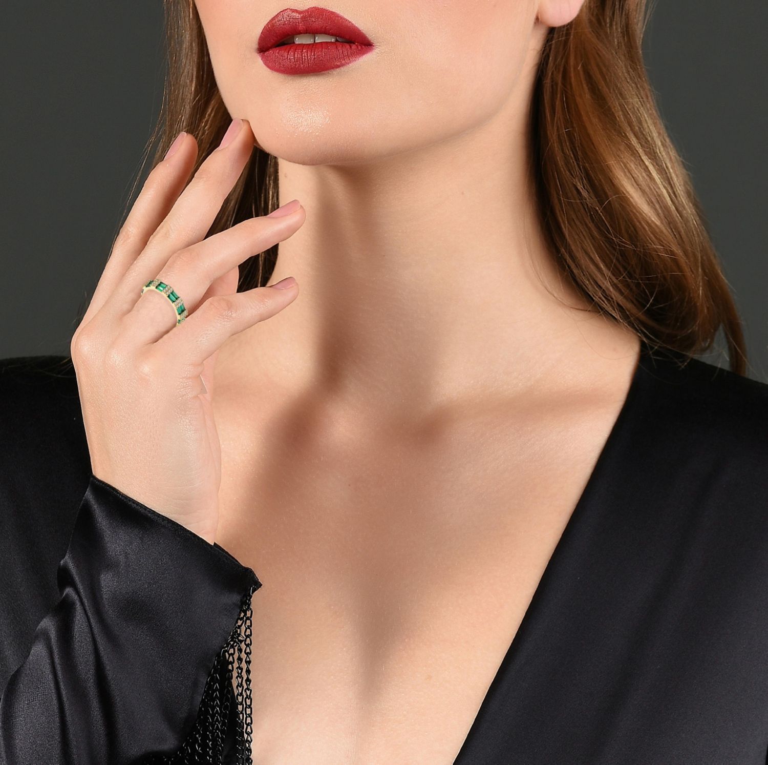 14k Gold Plated with Green & Cubic Zirconia Band Eternity Ring