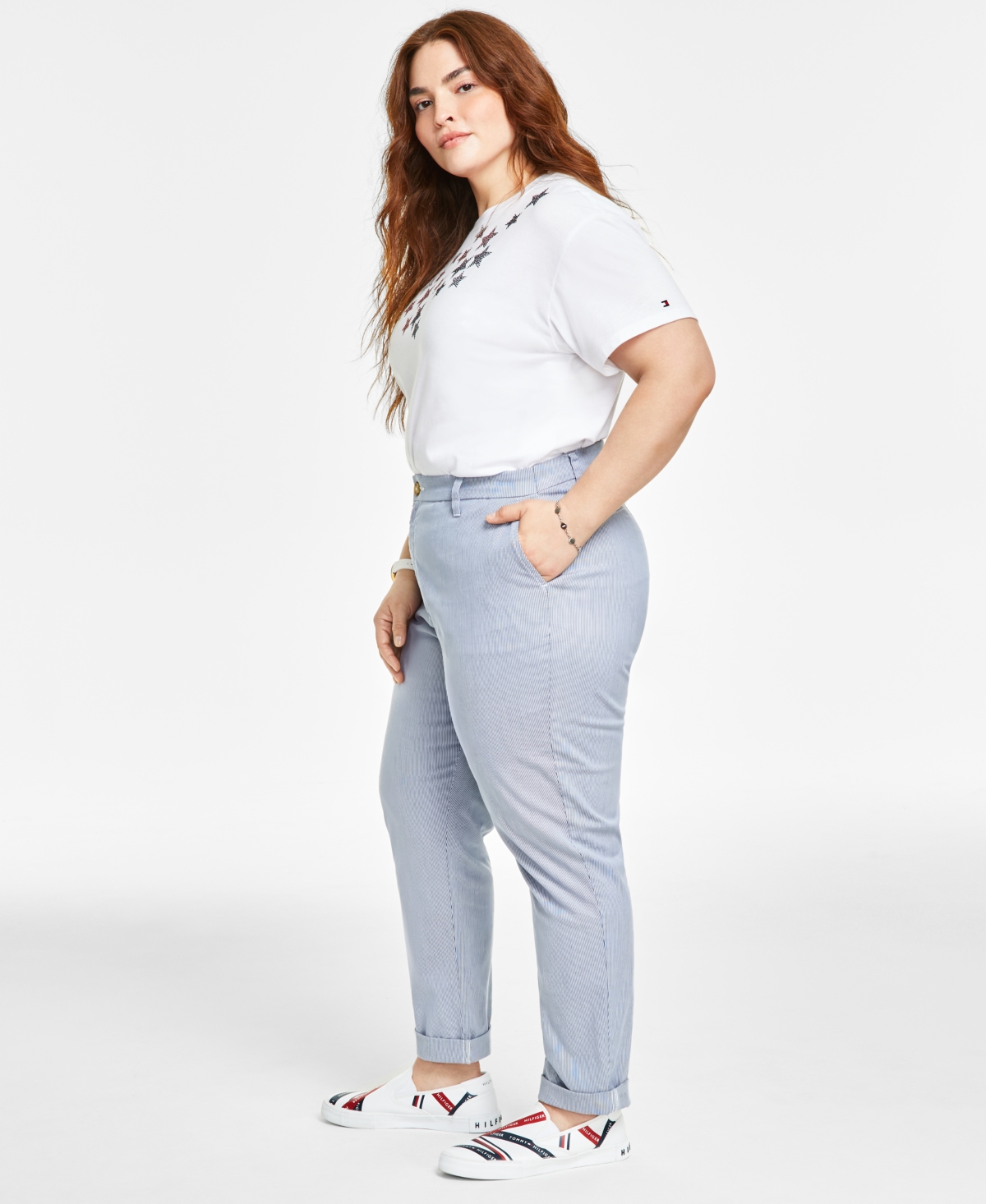 Tommy Hilfiger Plus Size Pinstripe Hampton Chino Pants, Created for Macy's -White
