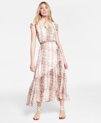 Bar III - Women's Snake-Print Flutter-Sleeve Wrap Maxi Dress