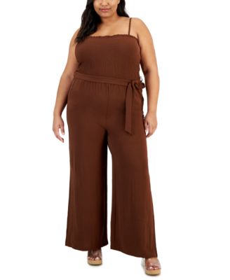FULL CIRCLE TRENDS - Plus Size Smocked Tie-Waist Slit-Leg Jumpsuit