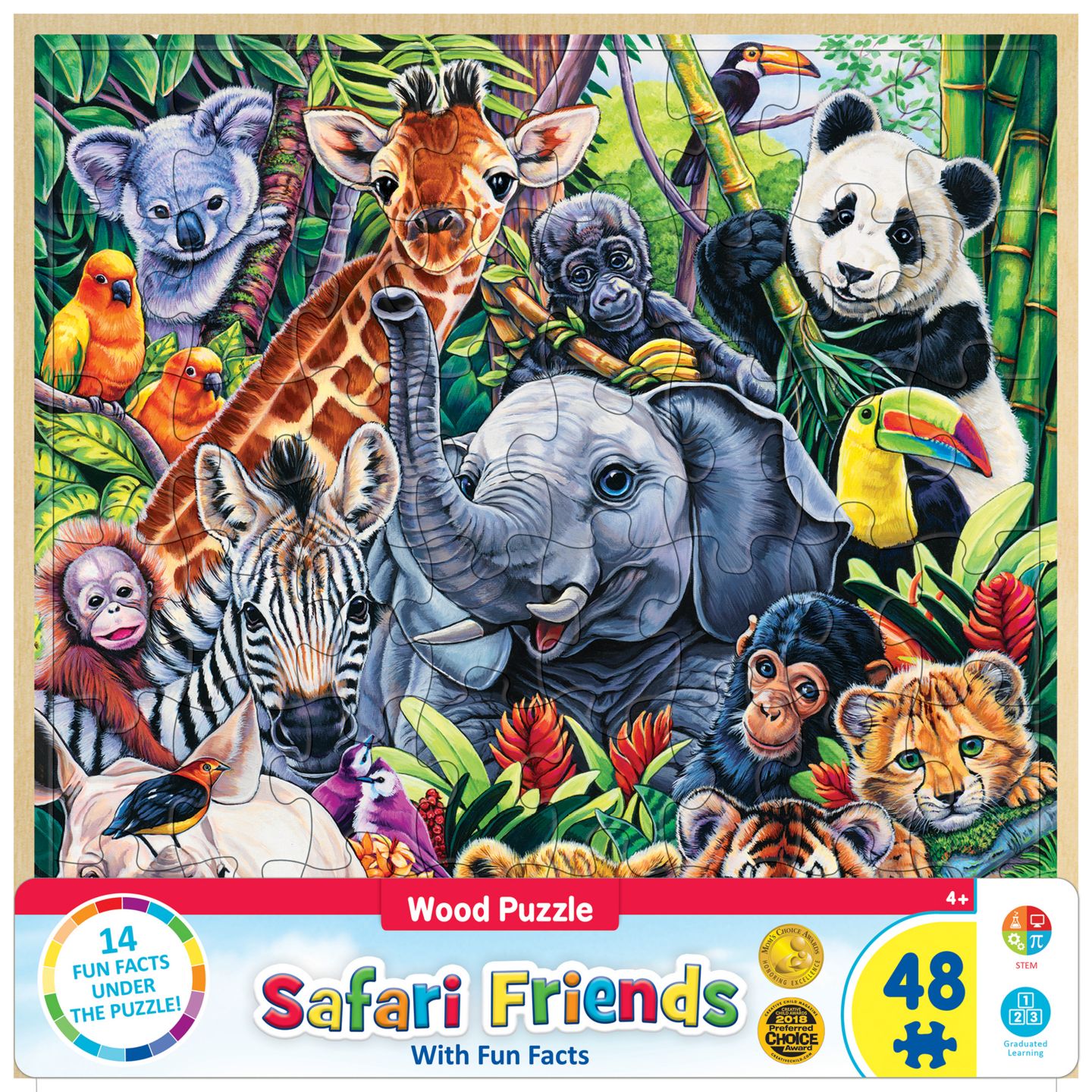 Детский пазл MasterPieces Puzzles Safari Friends Fun Facts 48 Piece Wood Jigsaw Puzzle, от 4 лет, цвет: Разноцветный — фото 1