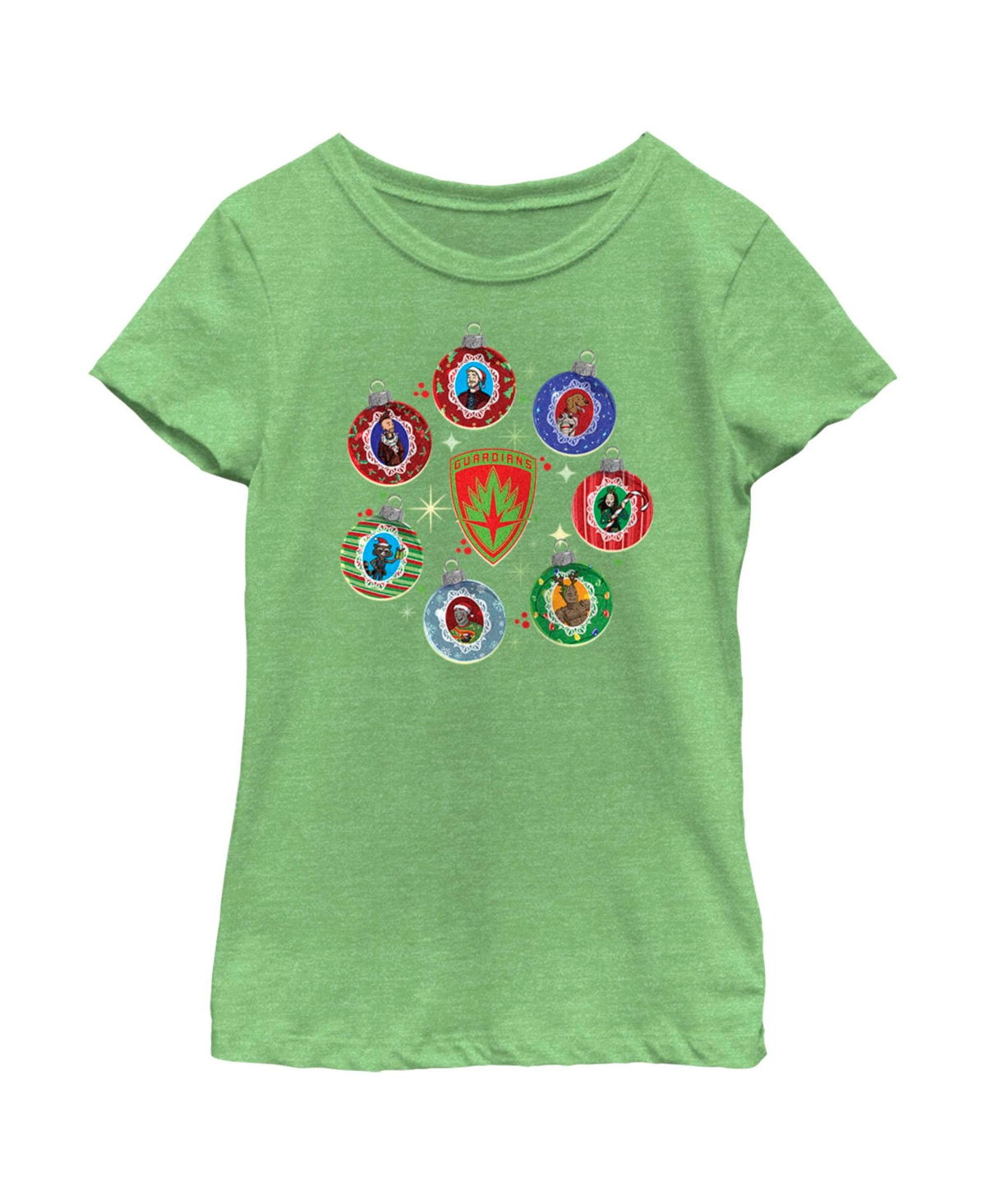 Marvel Girl's Guardians Of The Galaxy Holiday Special Character Ornaments Child T-shirt In Green Apple