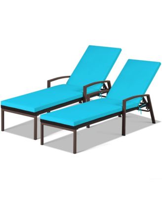 2PCS Patio Rattan Lounge Chair Chaise Recliner Back Adjustable Cushioned