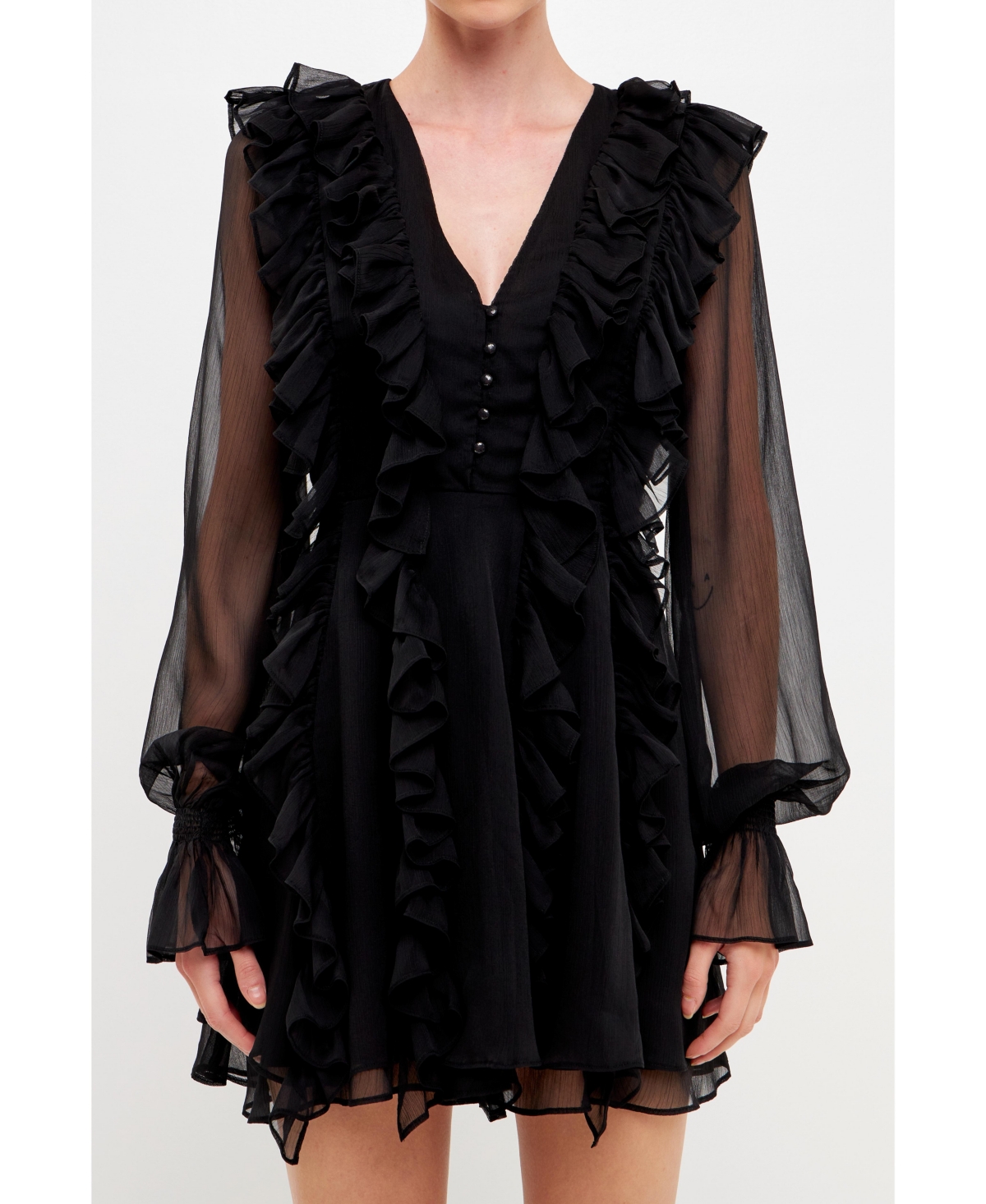 Women's Chiffon Deep V Ruffled Dress - Black