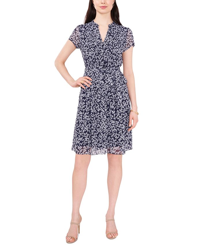 MSK Petite Printed Split-Neck Pintuck Short-Sleeve Dress - Macy's