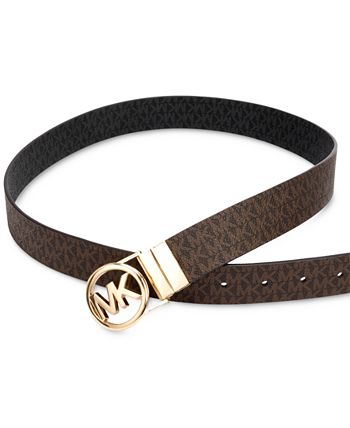 MICHAEL Michael Kors Reversible Faux Leather Belt with MK Logo Buckle,  Black and Silver Metallic, Large at  Women's Clothing store