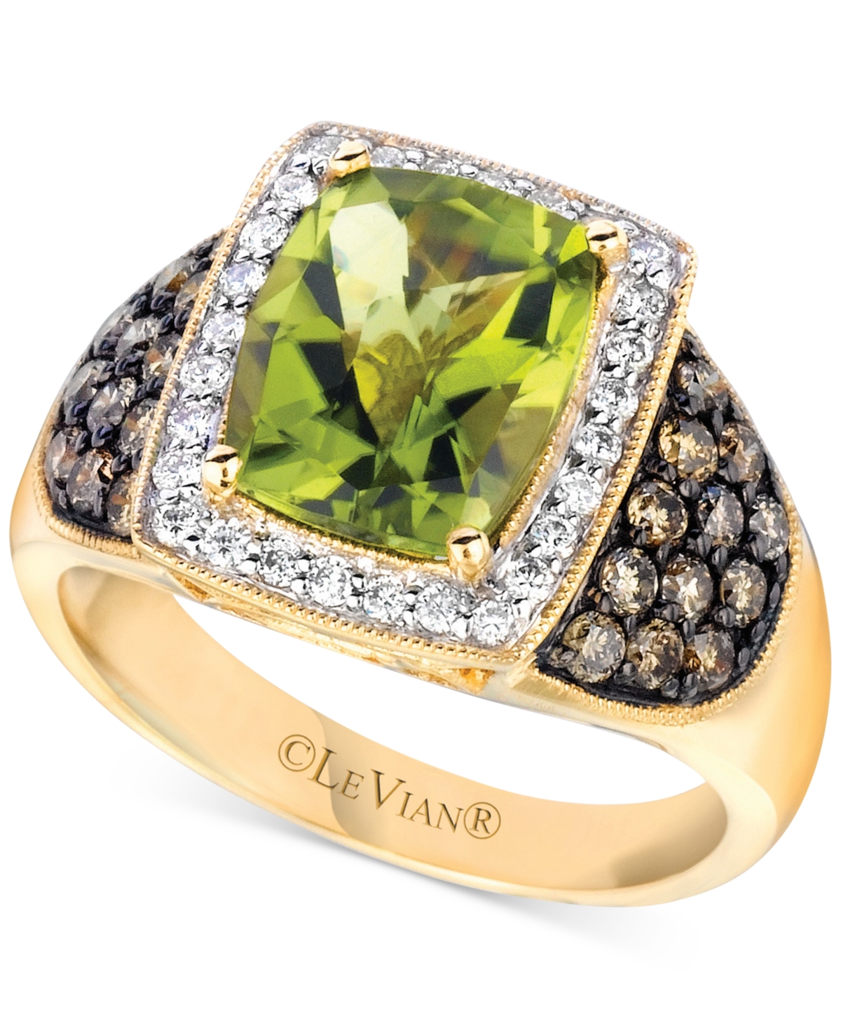 Le Vian Green Apple Peridot (3-1/20 Ct. T.w.) & Diamond (5/8 Ct. T.w.) Halo Cushion Statement Ring In 14k Go In No Color