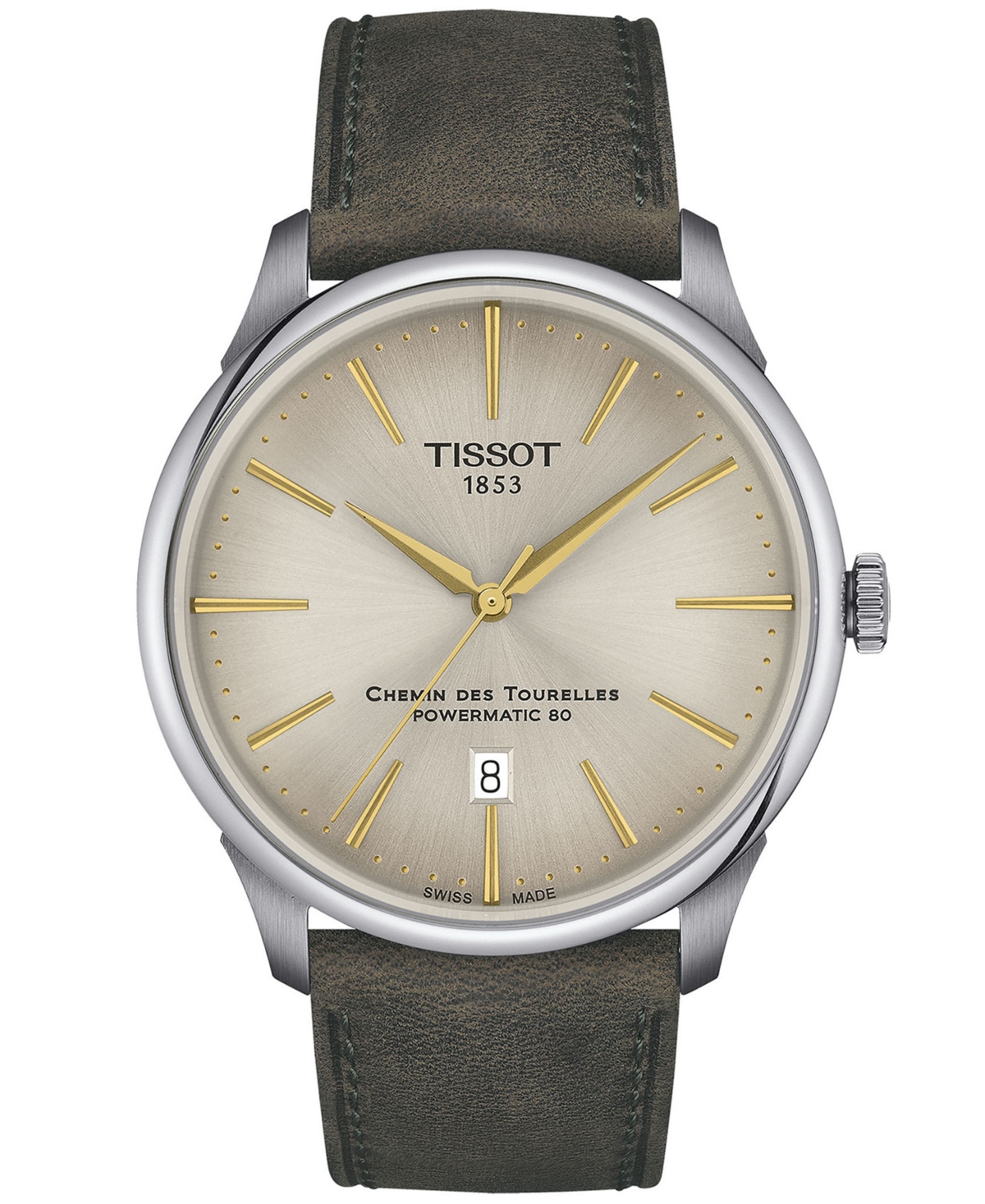 Tissot Men's Swiss Automatic Chemin Des Tourelles Powermatic 80 Green Leather Strap Watch 42mm In Gold Tone / Green / Ivory