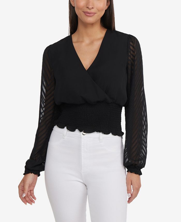 Laundry by Shelli Segal Women's Blouson Sleeve Wrap Top with Smocked